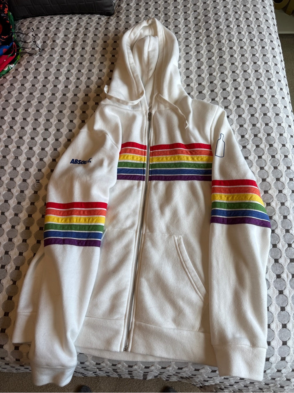 Absolut White Zip-Up Hoodie with Multicolor Rainbow Stripes